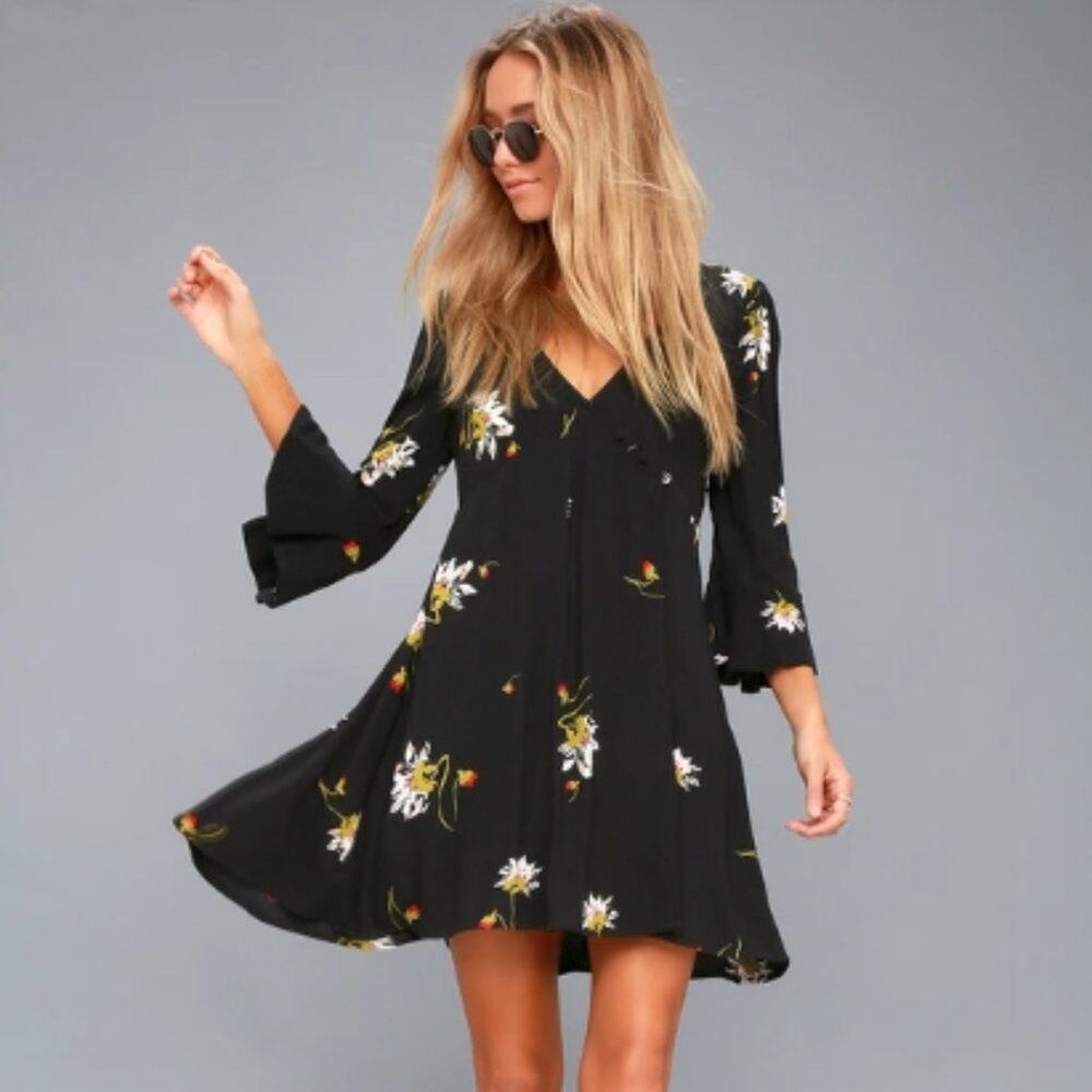 Free People Black Floral Bell‎ Sleeve V Neck Mini Dress Women's Small